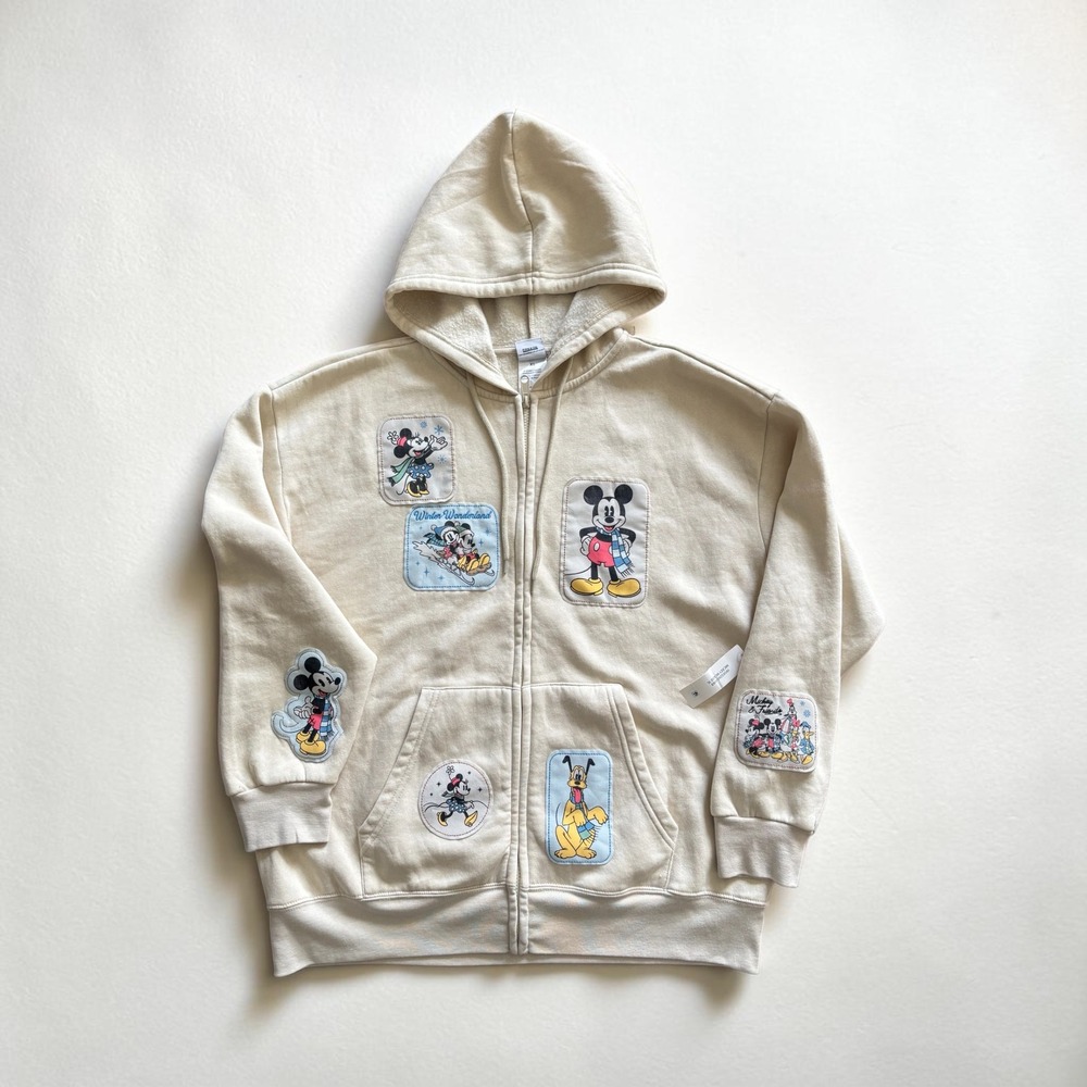 Disney Mickey and Friends Full-Zip Hoodie Sweatshirt Winter Festive Patches XL